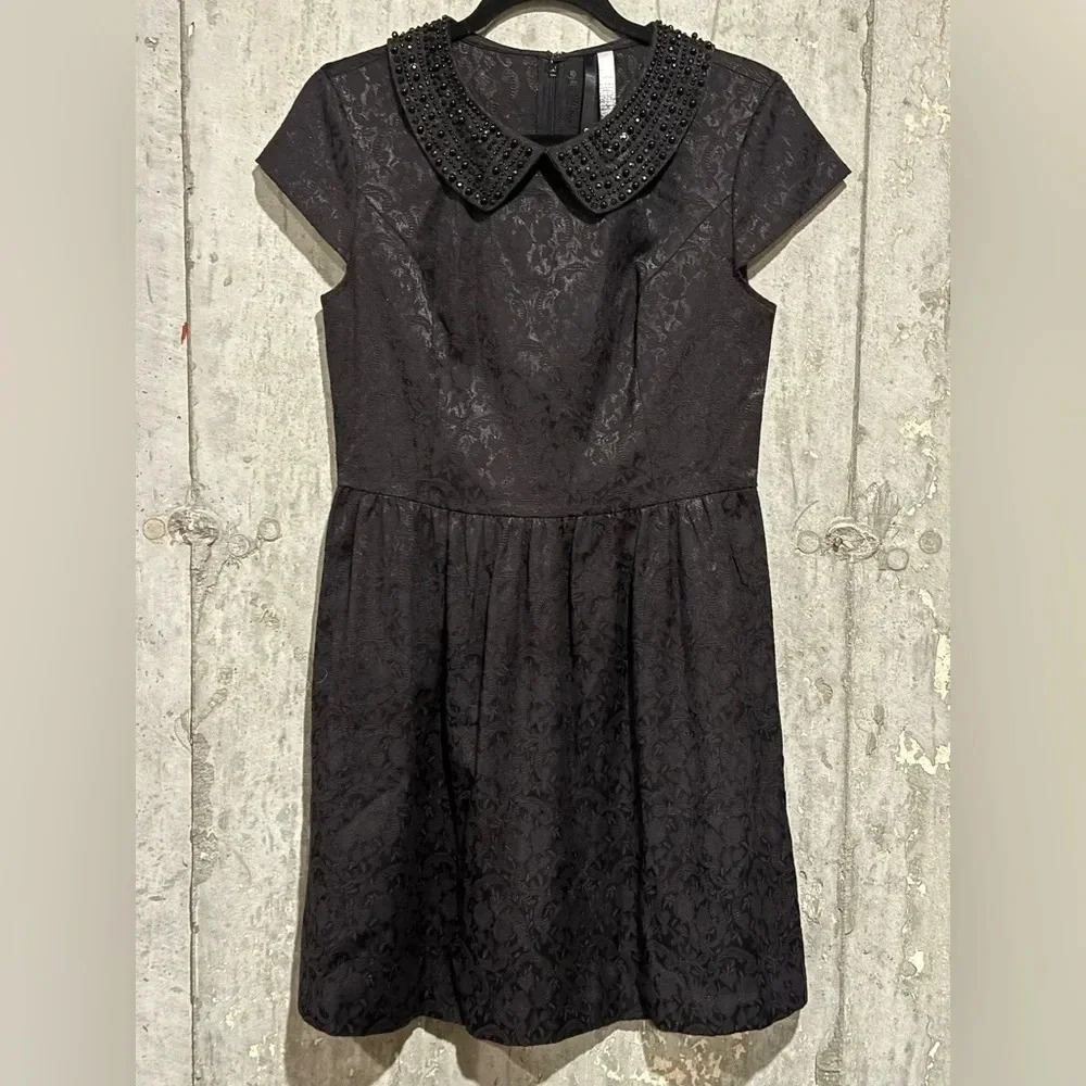 Kensie Charcoal Lace Midi Dress with Beaded Collar